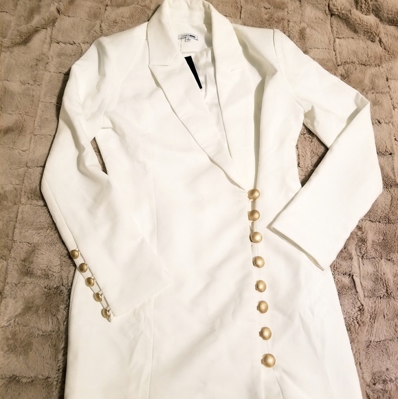 knee length dresses for ladies White Puff Sleeve Single Breasted Mini Fitted Blazer Dress main image 0